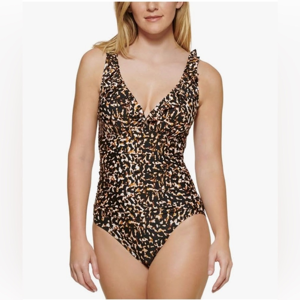 DKNY Women's Printed Ruffle Plunge Tummy-Control One-Piece swimsuit/size 12
